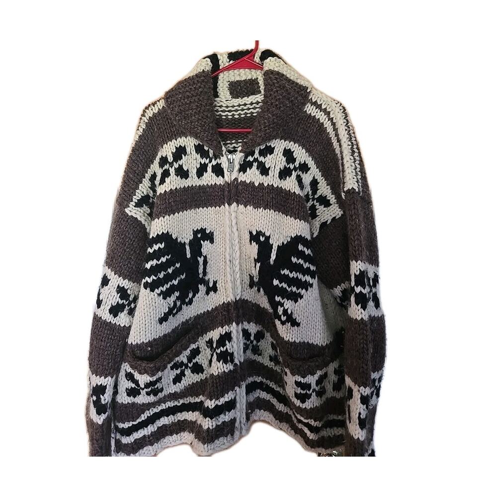 Cowichan Knit Sweater Thunderbird Pattern Vintage Brown Ivory Size L/XL